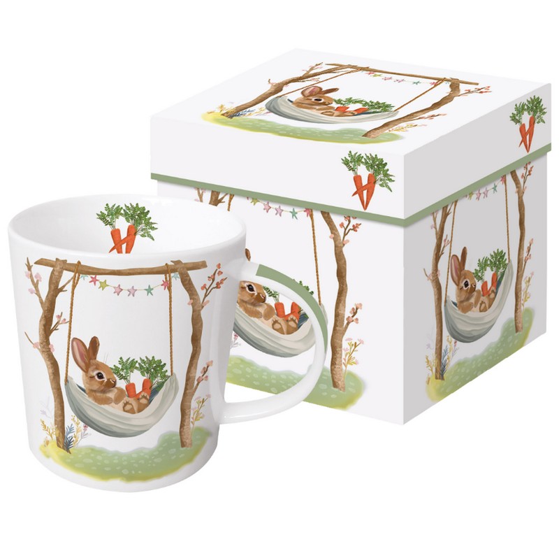 Tazza mug decorata con coniglio su amaca, contenuta in scatola con decoro abbinato, perfetta come idea regalo di Pasqua